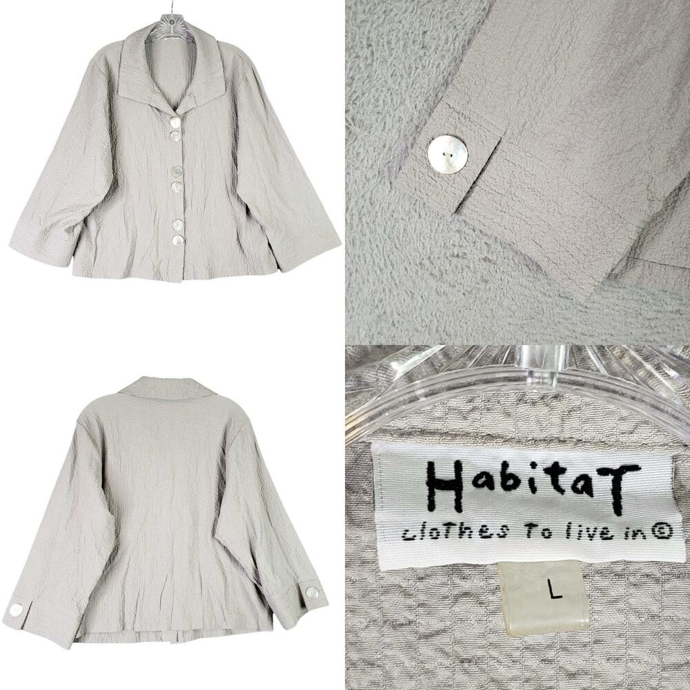 Habitat Button Up Shirt Women’s Size Large L Taupe Solid Crinkle Art to Wear